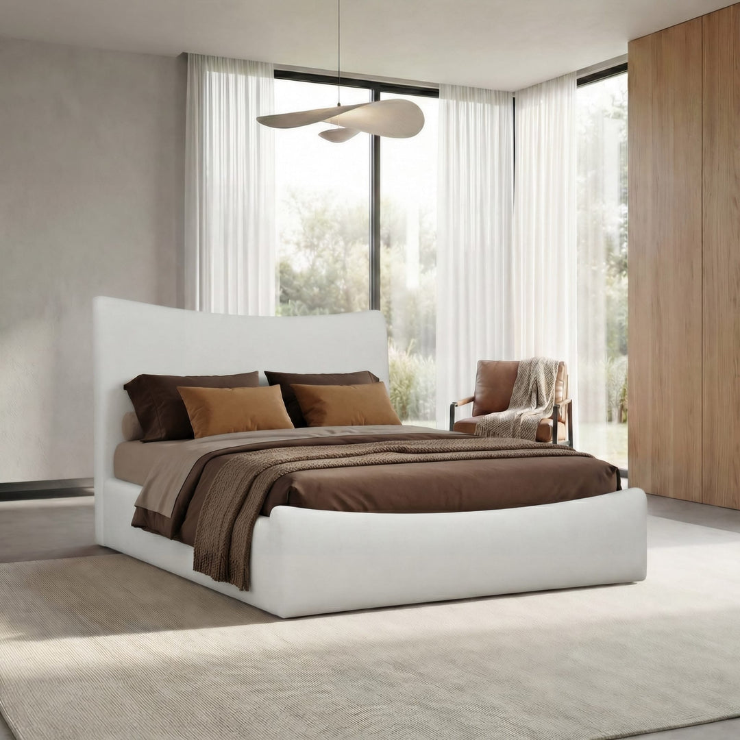 Windham Upholstered Bed in Whipped Honey styled in a bedroom