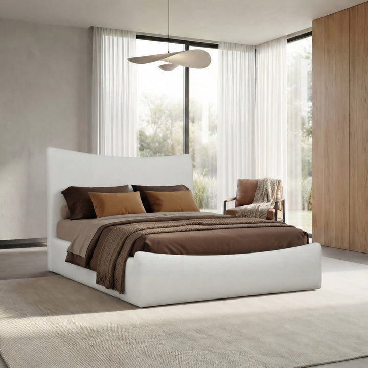 Windham Upholstered Bed in Whipped Honey styled in a bedroom