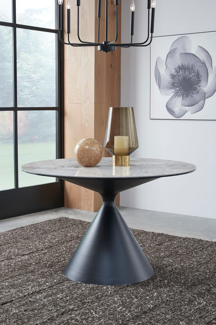 Winston Stone Top Round Dining Table in Grigio — lifestyle photo