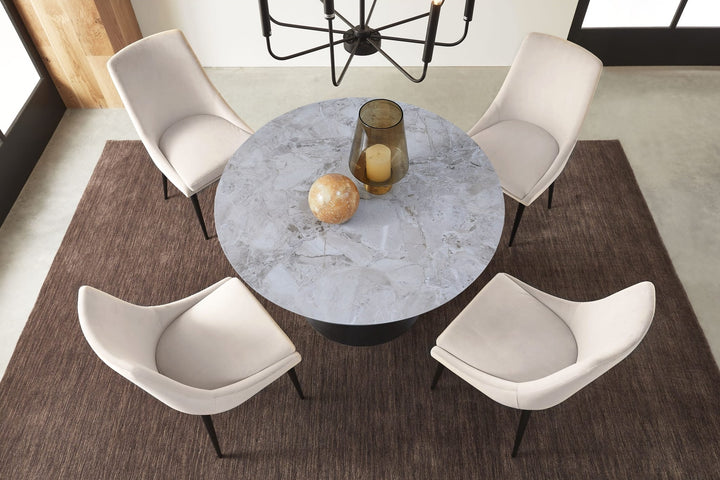 Winston Stone Top Round Dining Table in Grigio — lifestyle photo