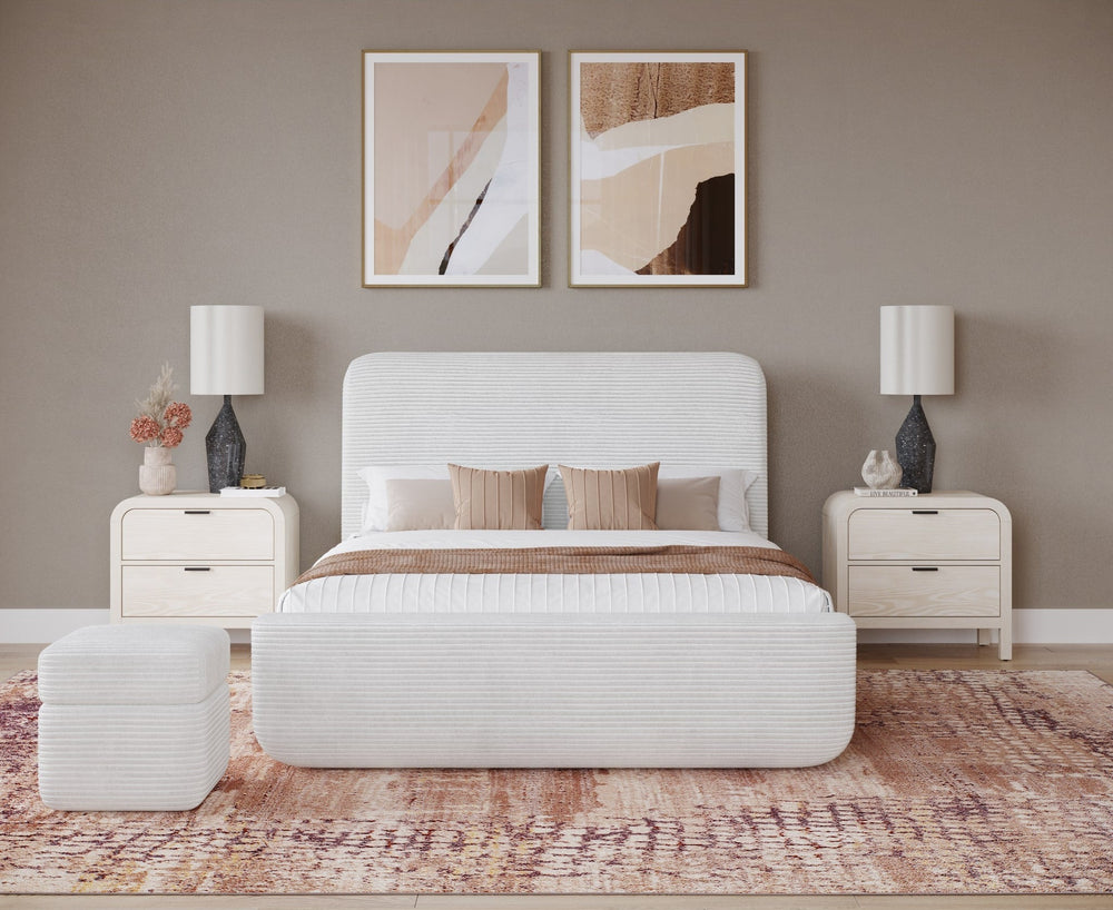 Wisteria Upholstered Platform Bed in Frosty Corduroy styled in a bedroom