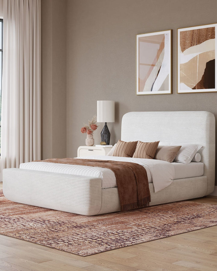 Wisteria Upholstered Platform Bed in Frosty Corduroy styled in a bedroom