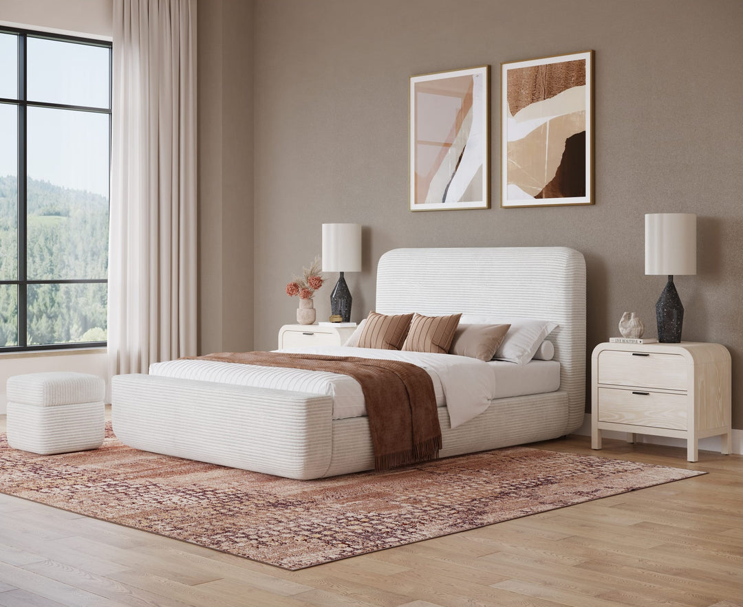 Wisteria Upholstered Platform Bed in Frosty Corduroy styled in a bedroom