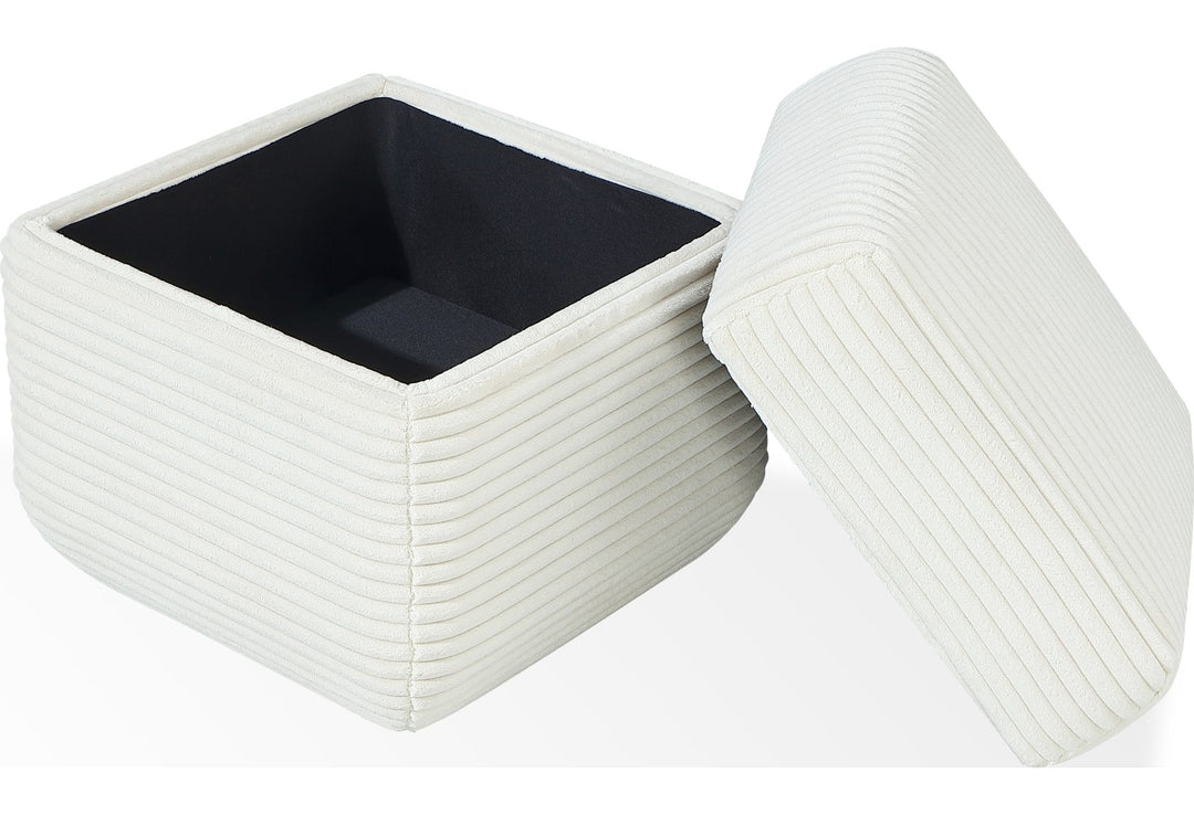 Wisteria Upholstered Storage Ottoman in Frosty Corduroy — with the storage lid open