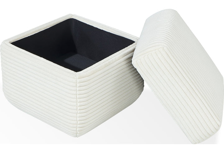Wisteria Upholstered Storage Ottoman in Frosty Corduroy — with the storage lid open