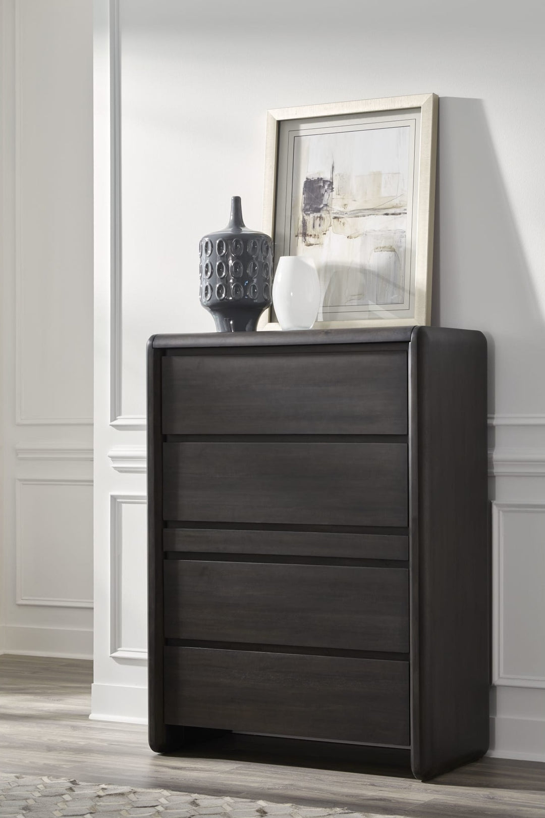Xolani Five Drawer Chest with Jewelry Tray in Jaguar — styled in a room