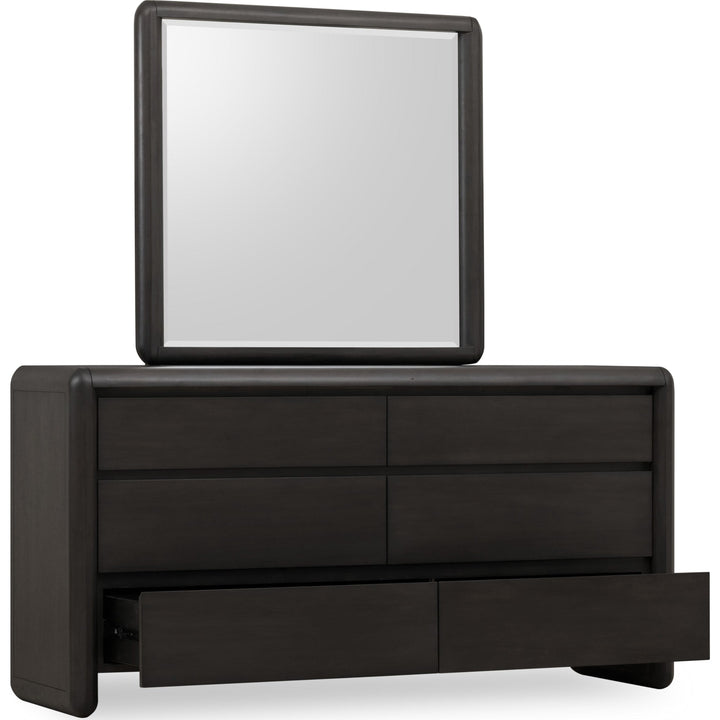 Xolani Six Drawer Dresser in Jaguar — with drawers open, shown with the matching mirror (sold separately)