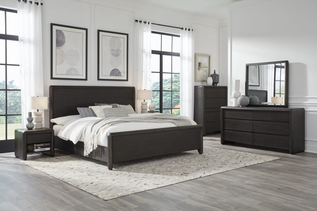 Xolani Wood Platform Bed in Jaguar styled in a bedroom