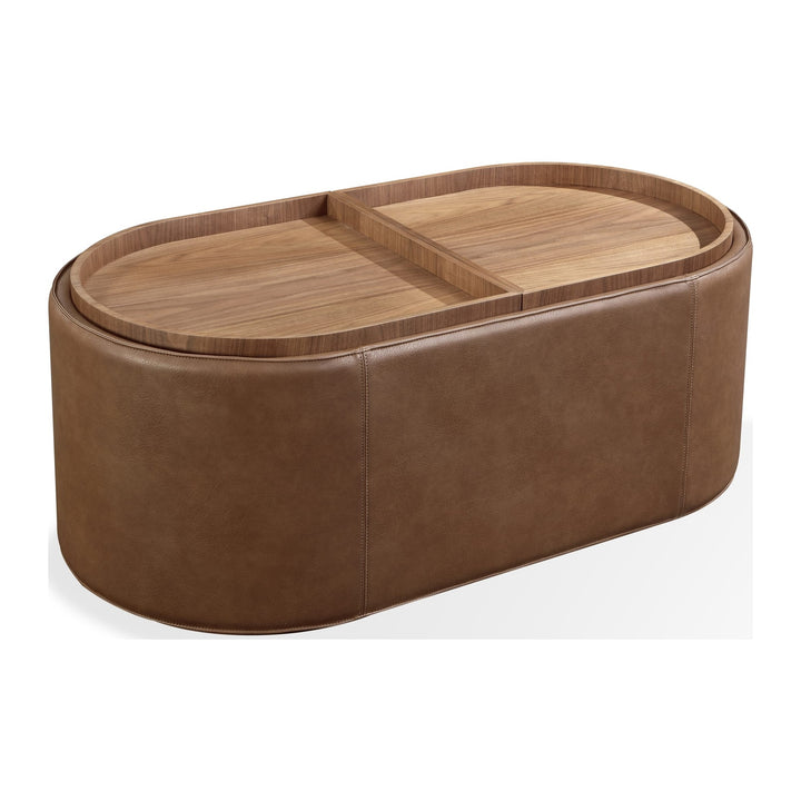 Yeal Upholstered Storage Coffee Table with Tray Top by Modus in Buckeye and Sahara — product view on a white background