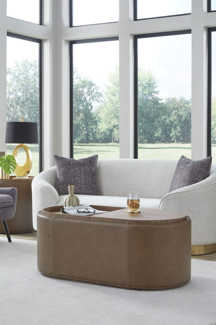 Yeal Upholstered Storage Coffee Table with Tray Top in Buckeye and Sahara — lifestyle photo