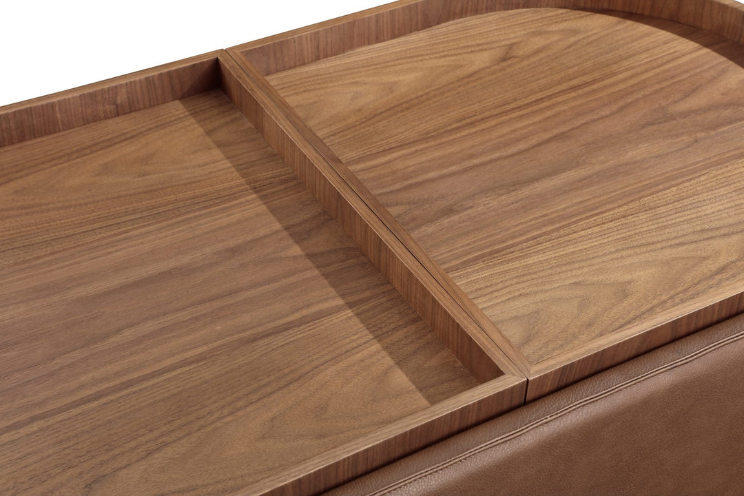 Yeal Upholstered Storage Coffee Table with Tray Top in Buckeye and Sahara — lifestyle photo