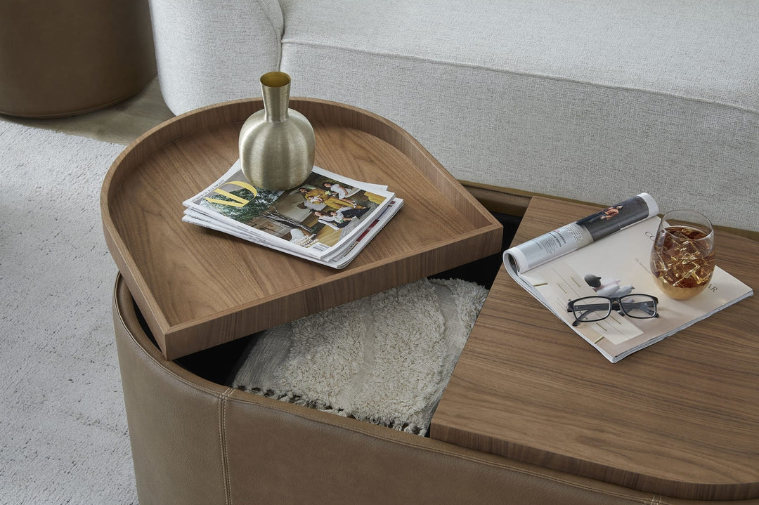 Yeal Upholstered Storage Coffee Table with Tray Top in Buckeye and Sahara — lifestyle photo