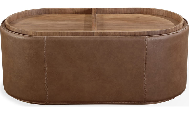 Yeal Upholstered Storage Coffee Table with Tray Top in Buckeye and Sahara — product view on a white background