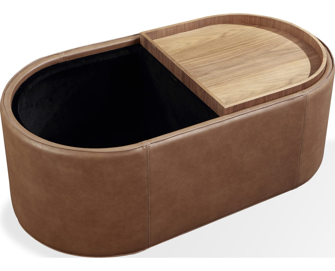 Yeal Upholstered Storage Coffee Table with Tray Top in Buckeye and Sahara — product view on a white background