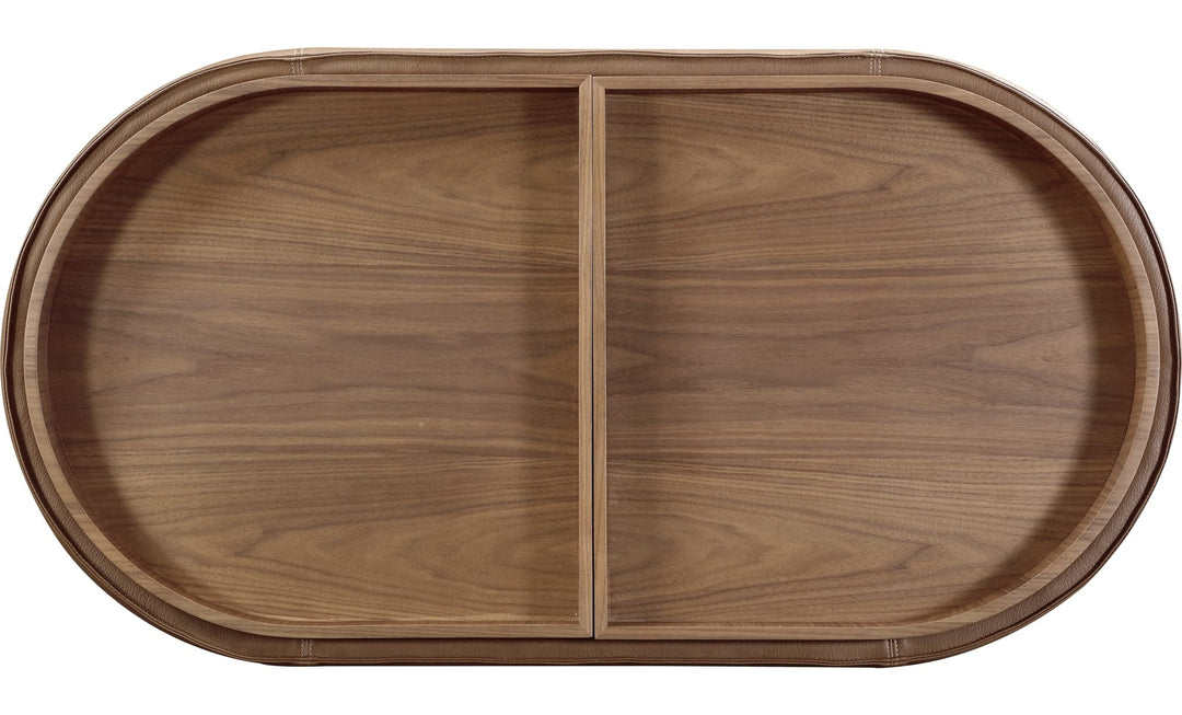 Yeal Upholstered Storage Coffee Table with Tray Top in Buckeye and Sahara — product view on a white background