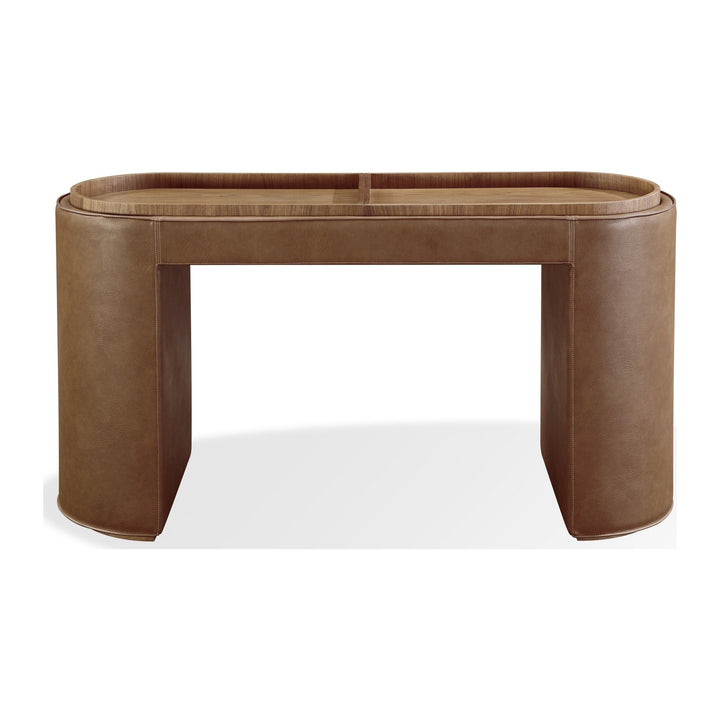 Yeal Upholstered Storage Console Table with Tray Top by Modus in Buckeye and Sahara — product view on a white background