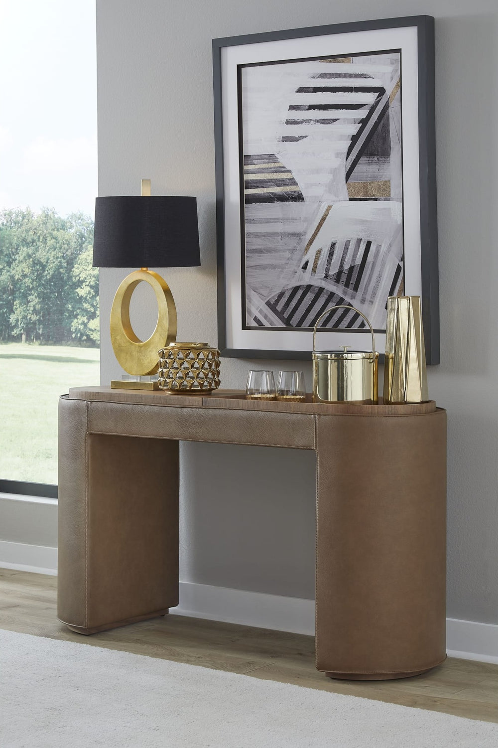 Yeal Upholstered Storage Console Table with Tray Top in Buckeye and Sahara — lifestyle photo