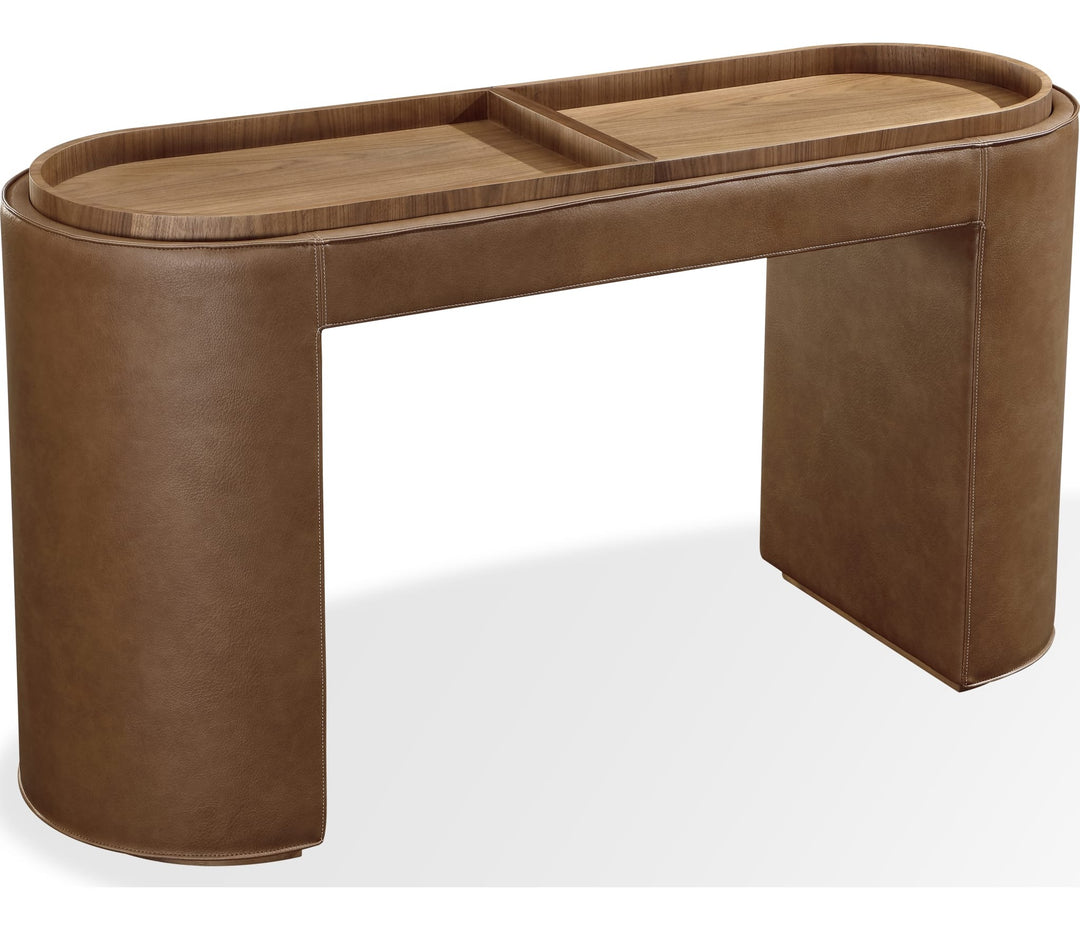 Yeal Upholstered Storage Console Table with Tray Top in Buckeye and Sahara — product view on a white background