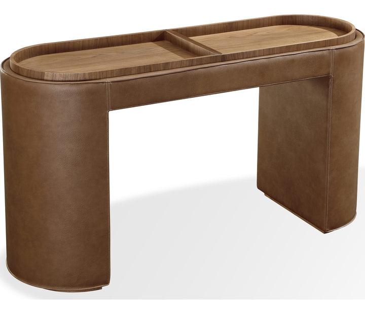 Yeal Upholstered Storage Console Table with Tray Top in Buckeye and Sahara — product view on a white background