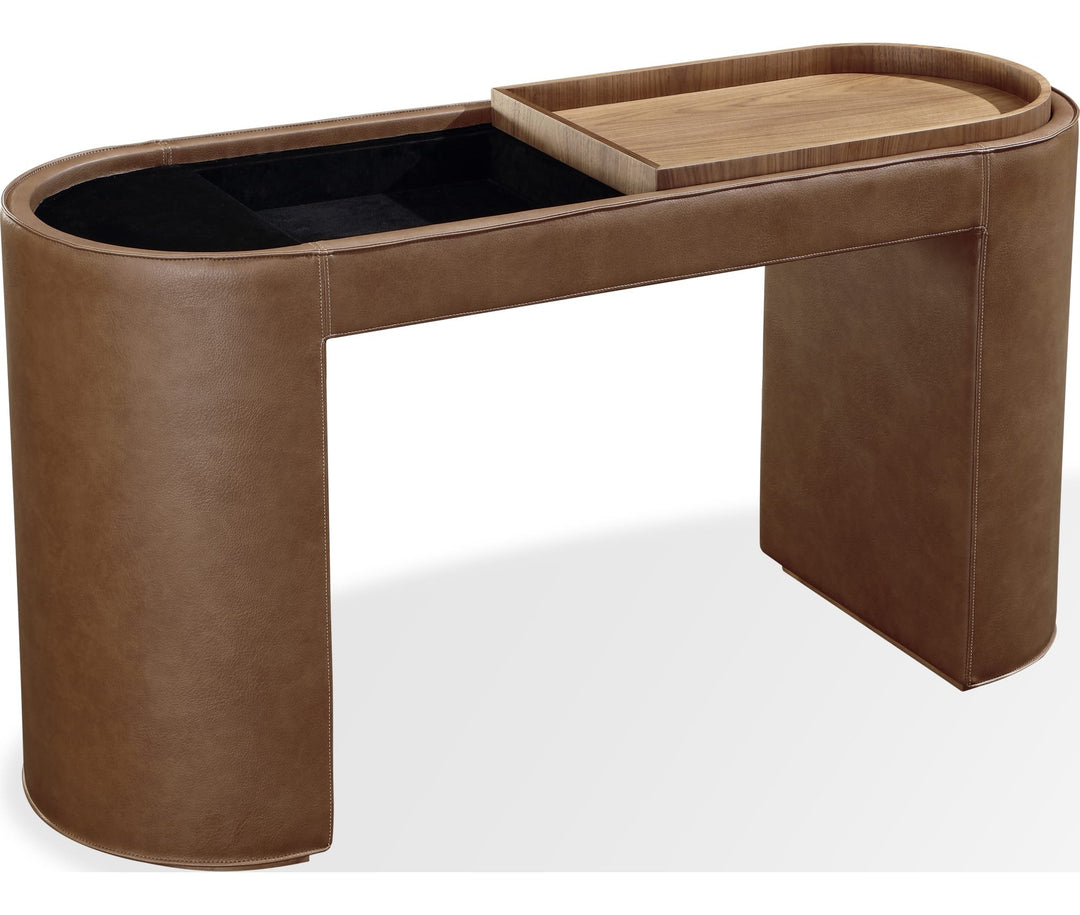 Yeal Upholstered Storage Console Table with Tray Top in Buckeye and Sahara — product view on a white background