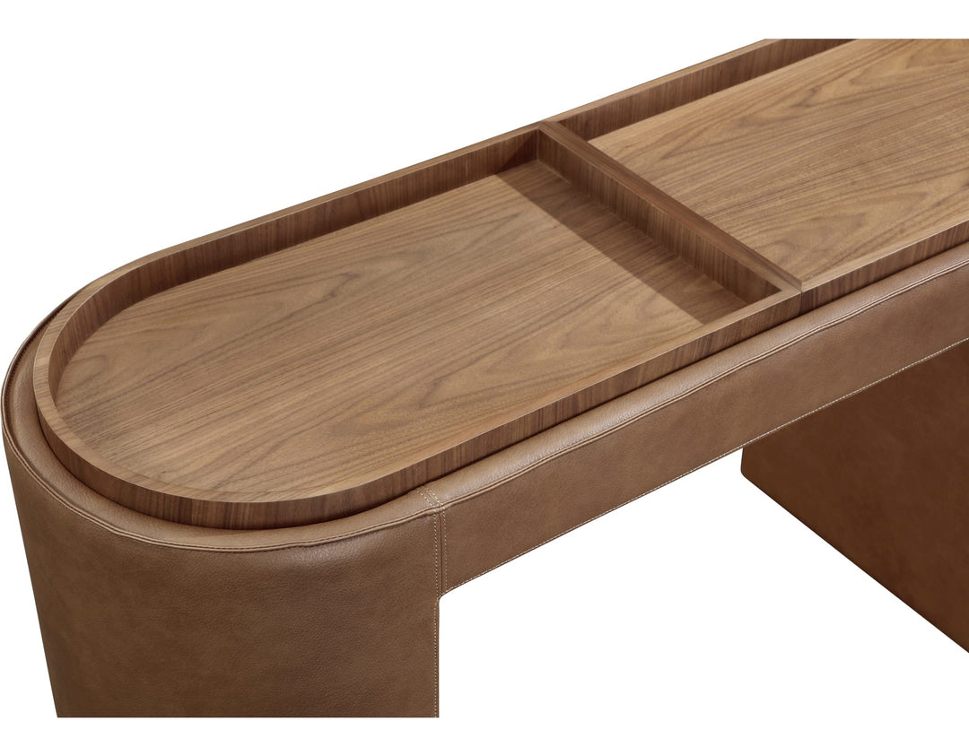 Yeal Upholstered Storage Console Table with Tray Top in Buckeye and Sahara — product view on a white background