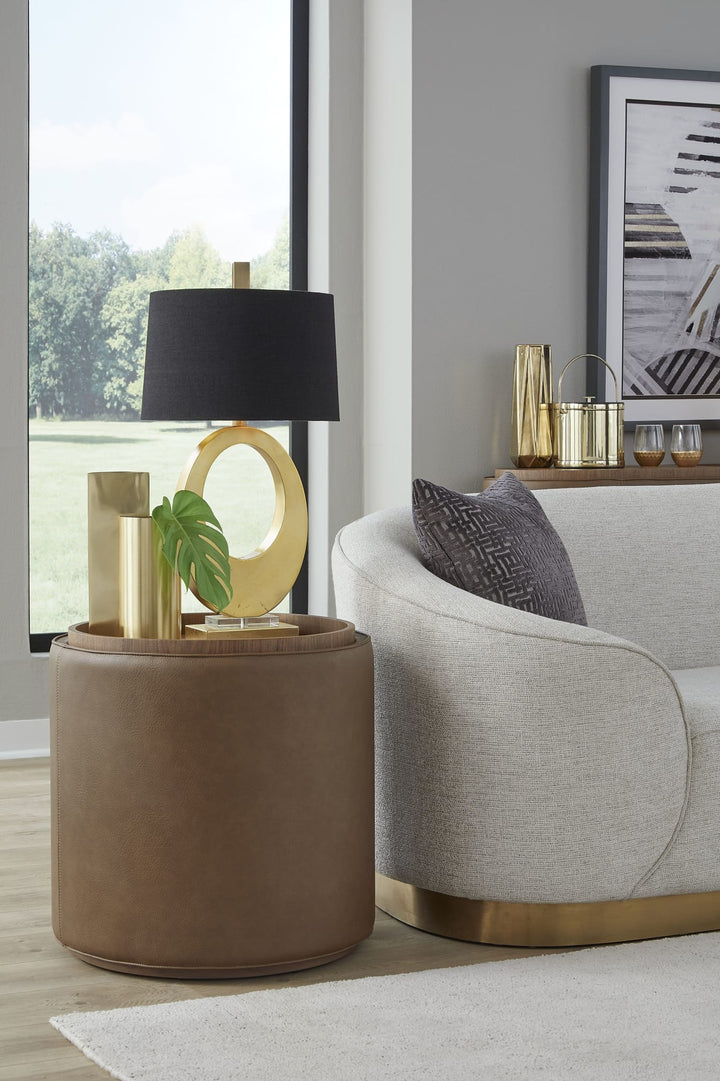 Yeal Upholstered Storage End Table with Tray Top in Buckeye and Sahara — lifestyle photo