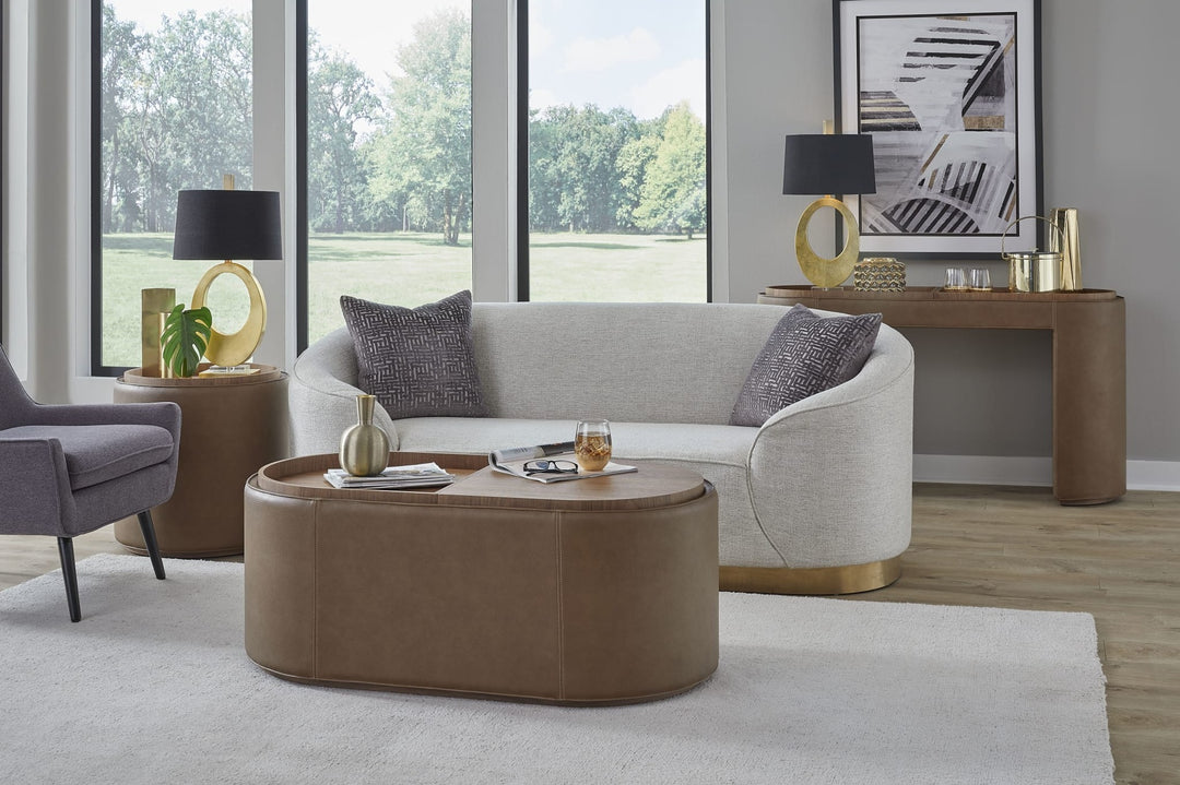 Yeal Upholstered Storage End Table with Tray Top in Buckeye and Sahara — lifestyle photo