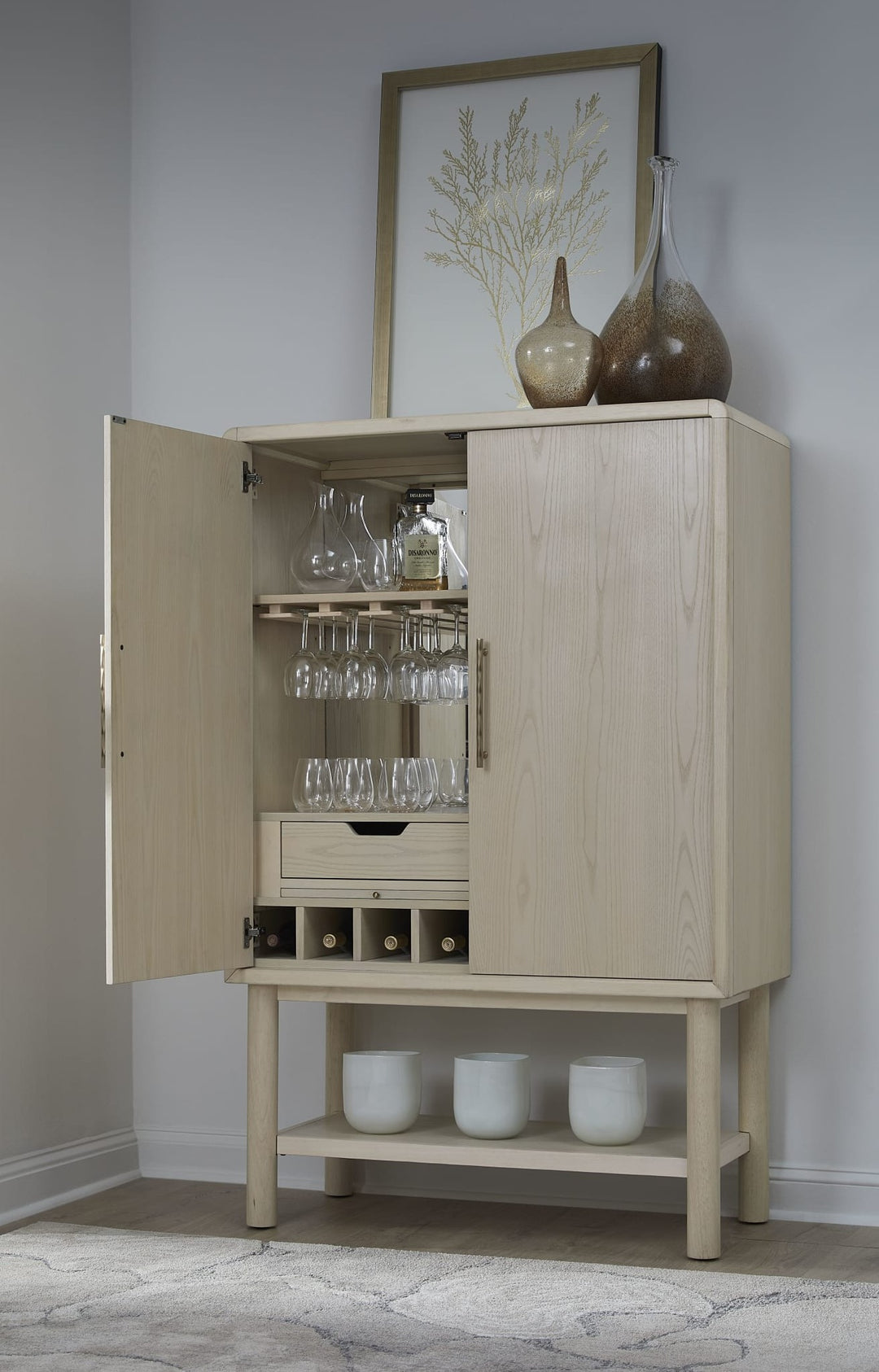 Zinnia Bar Cabinet in White Sand — lifestyle photo