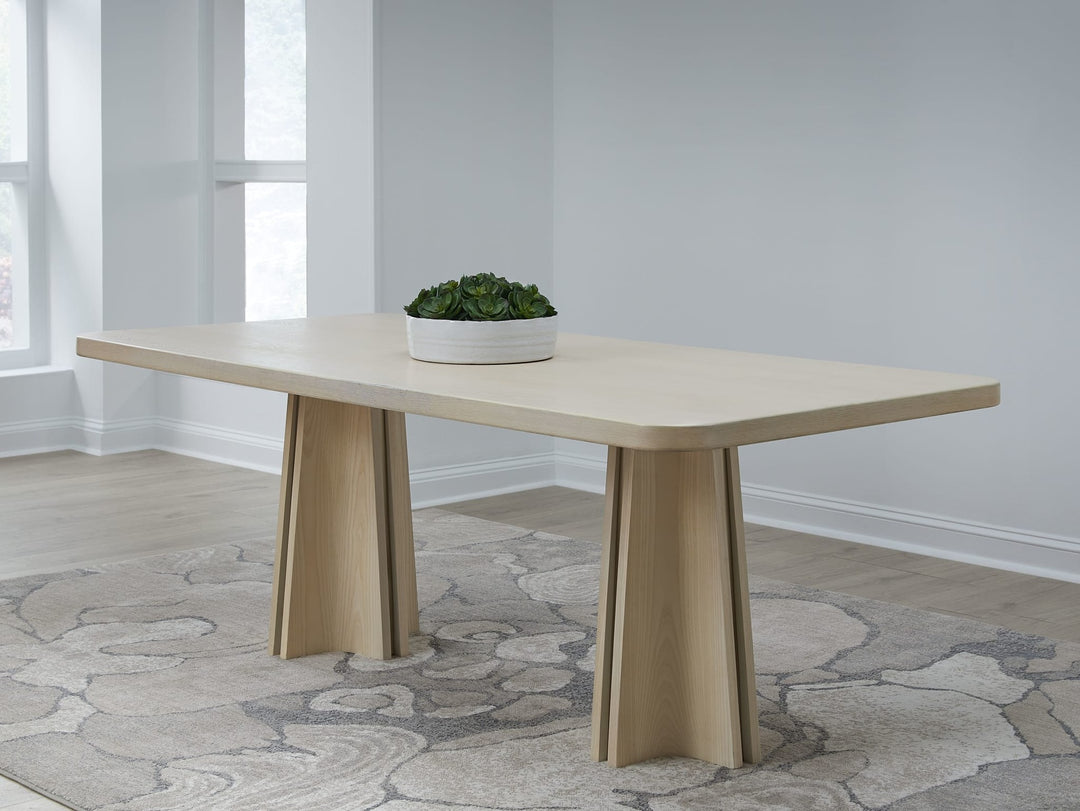 Zinnia Double Pedestal Dining Table in White Sand — lifestyle photo
