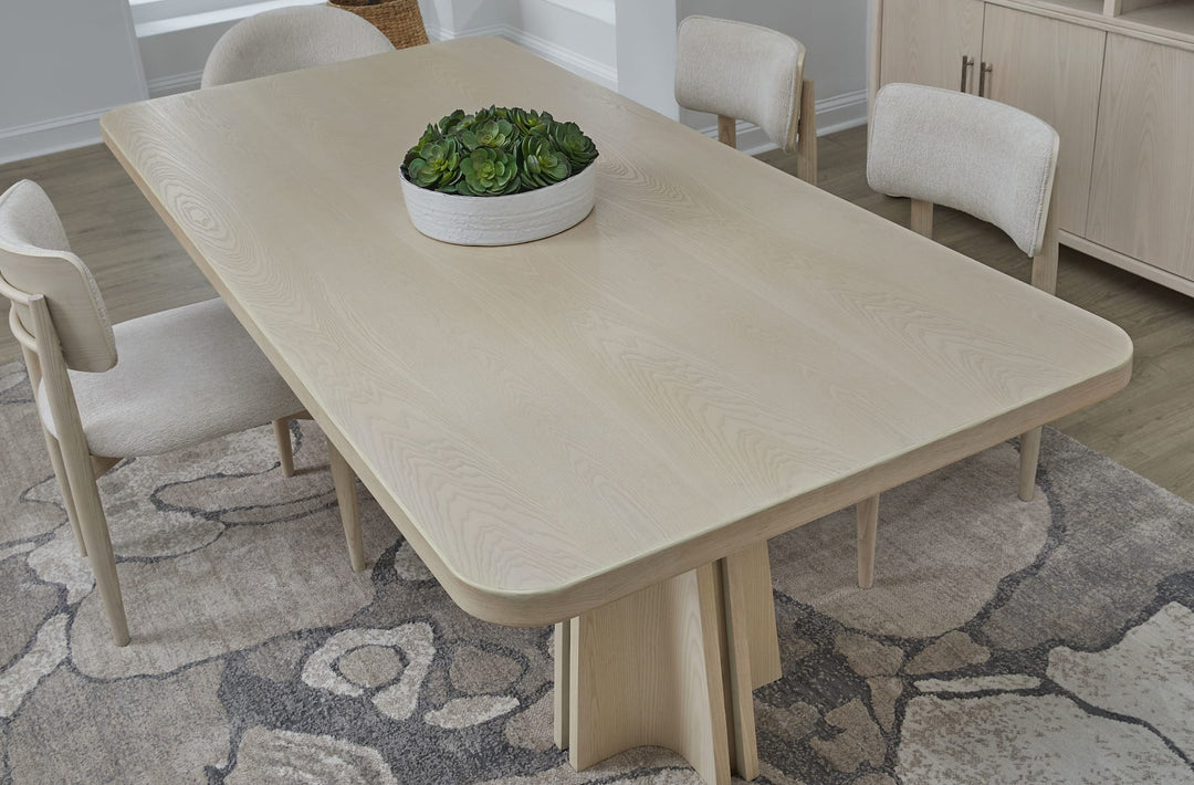 Zinnia Double Pedestal Dining Table in White Sand — lifestyle photo