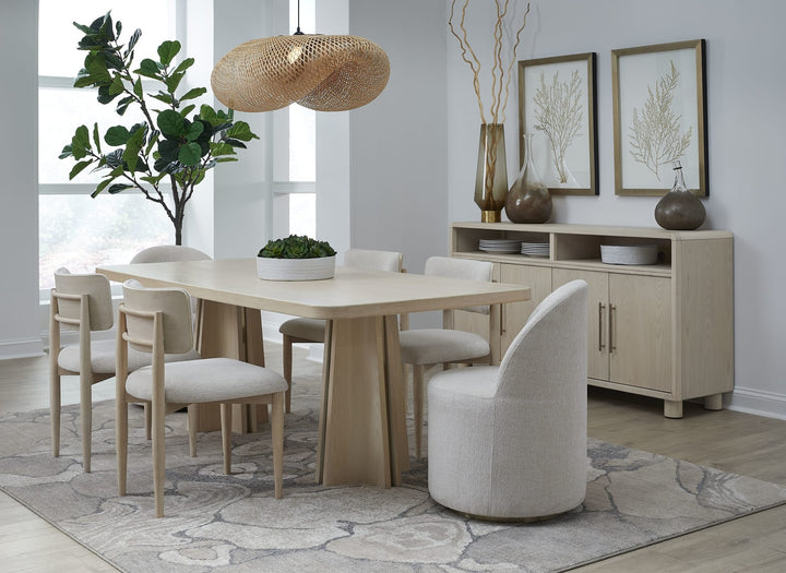 Zinnia Double Pedestal Dining Table in White Sand — lifestyle photo