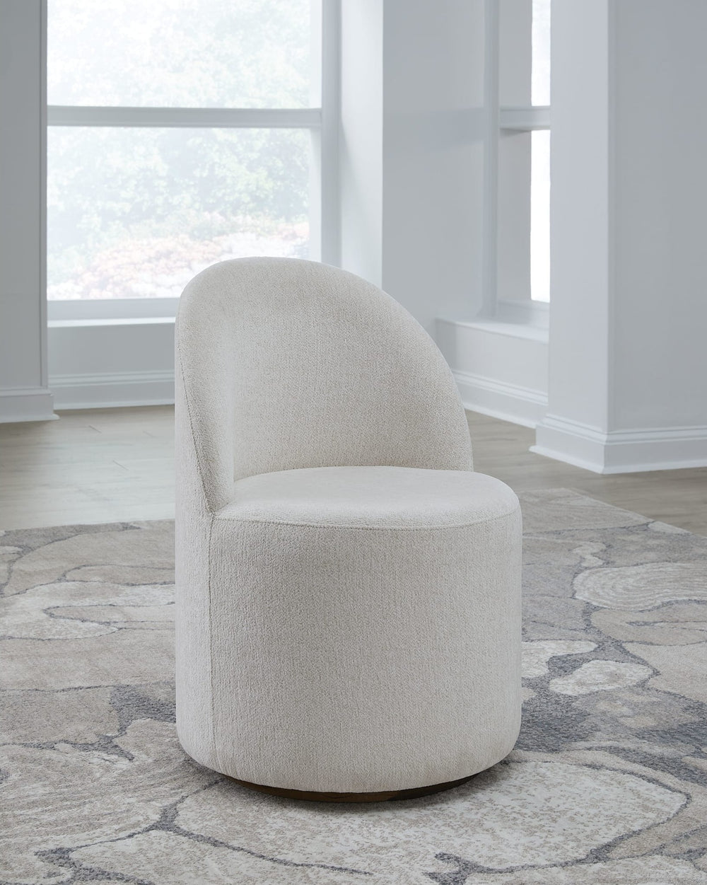Zinnia Fully Upholstered Swivel Dining Chair in Dune Chenille — lifestyle photo
