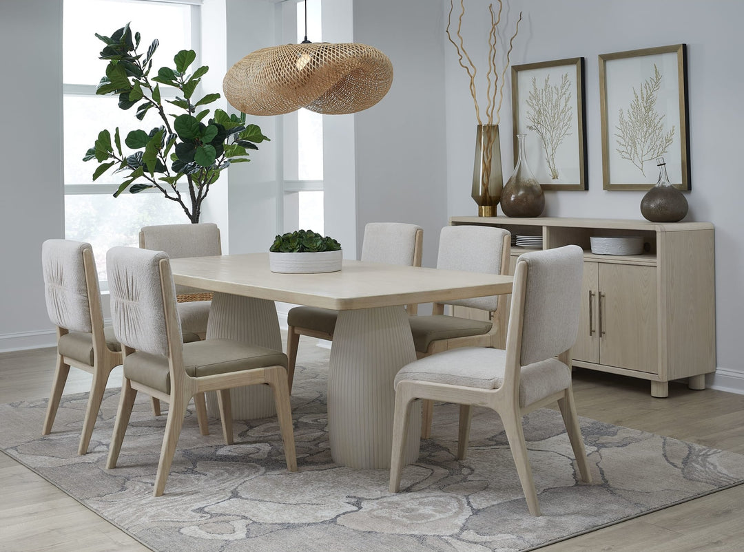 Zinnia Plaster Base Dining Table in White Sand and Ivory — lifestyle photo