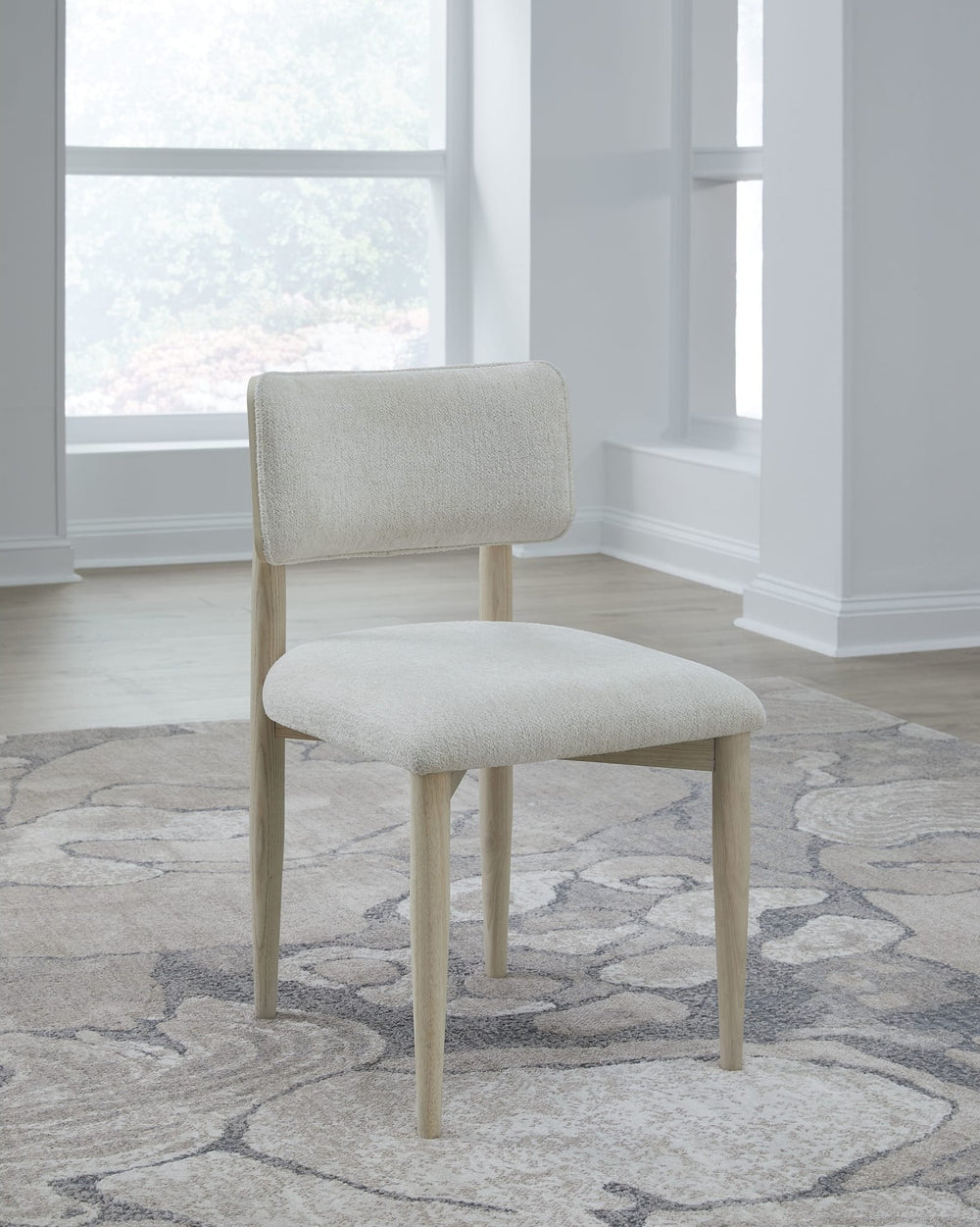 Zinnia Wood Back Dining Chair in White Sand and Dune Chenille — lifestyle photo
