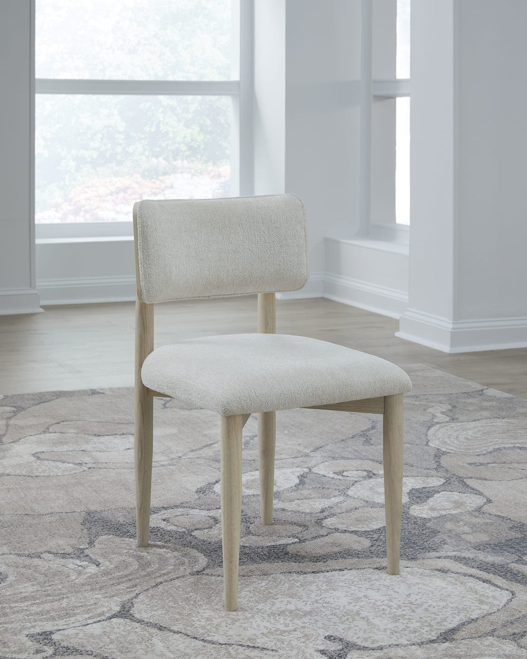 Zinnia Wood Back Dining Chair in White Sand and Dune Chenille — lifestyle photo