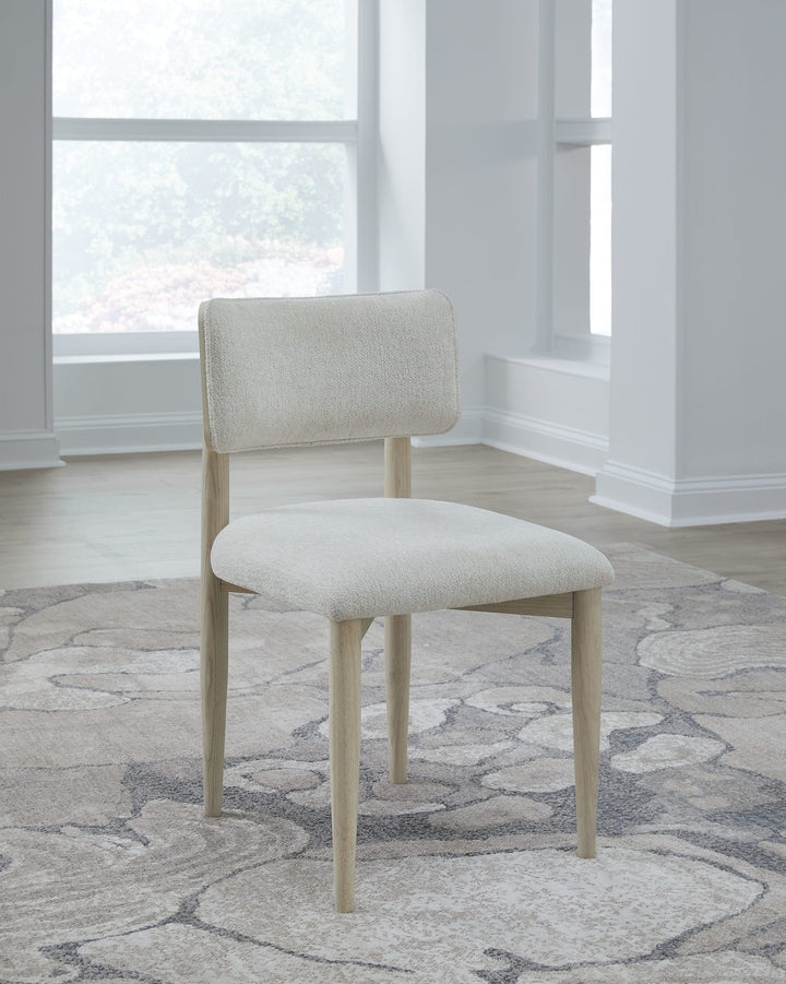 Zinnia Wood Back Dining Chair in White Sand and Dune Chenille — lifestyle photo