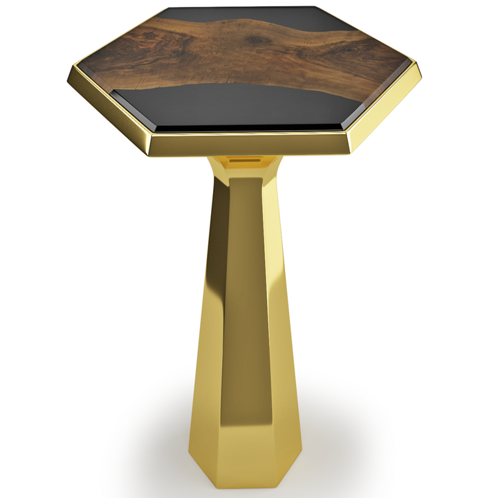 Despoina Hexagonal End Table - End & Side Table - www.arditicollection.com - Walnut Wood End & Side Table, dining tables, dining chairs, buffets sideboards, kitchen islands counter tops, coffee tables, end side tables, center tables, consoles, accent chairs, sofas, tv stands, cabinets, bookcases, poufs benches, chandeliers, hanging lights, floor lamps, table desk lamps, wall lamps, decorative objects, wall decors, mirrors, walnut wood, olive wood, ash wood, silverberry wood, hackberry wood