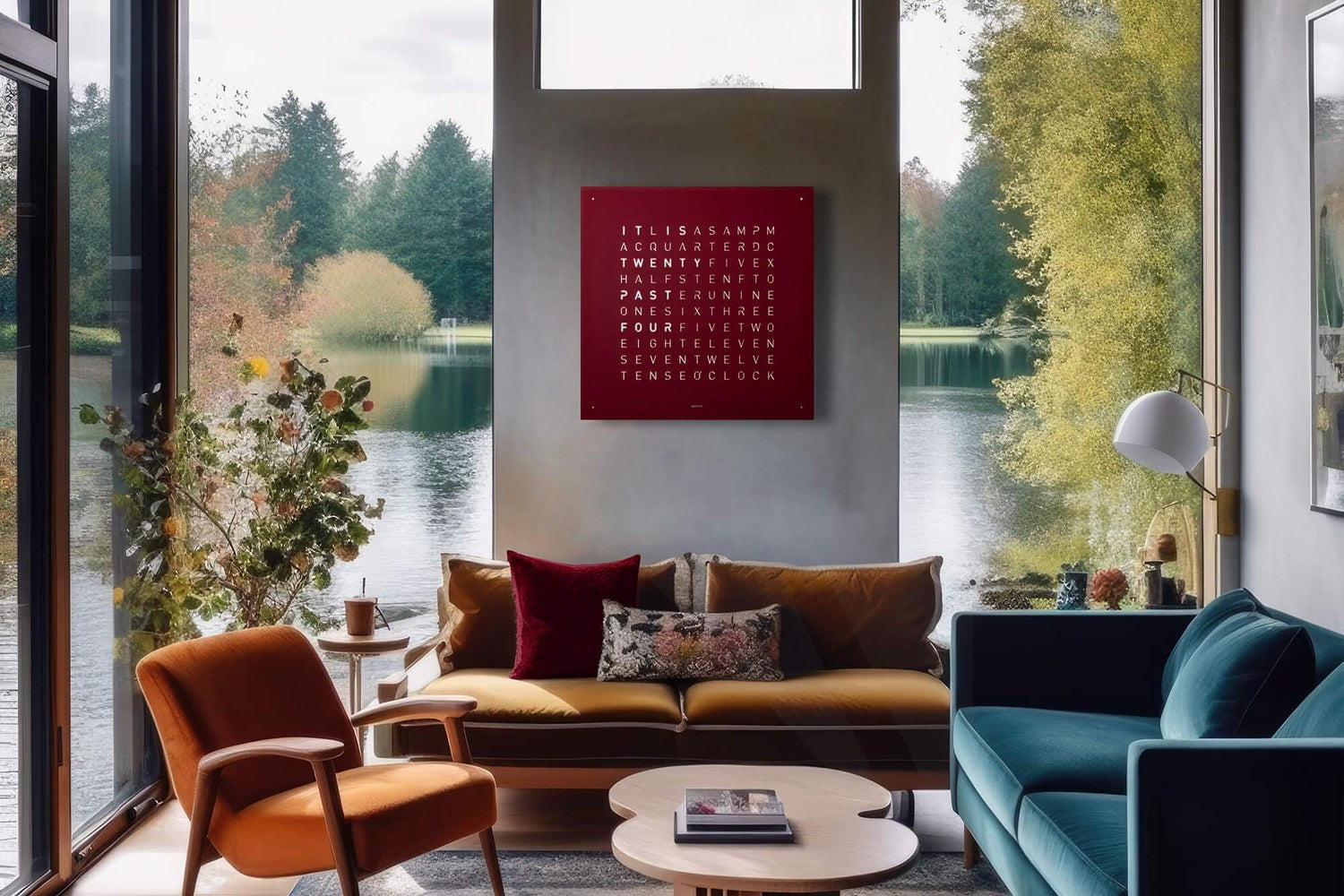 Accessories lifestyle at Modern Studio — Qlocktwo clock in a modern living room