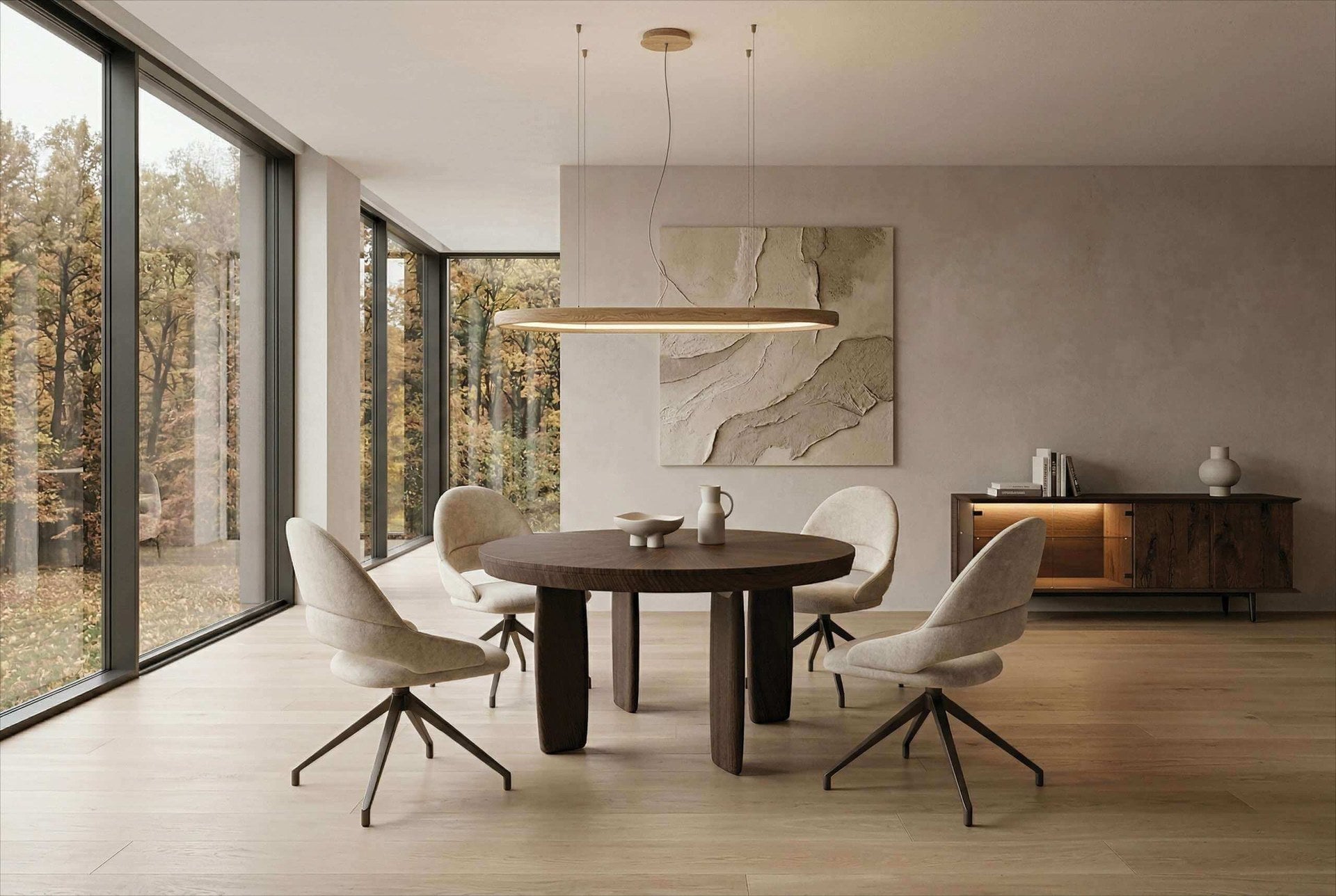 Ozzio Italia Brixton round extension dining table with Marina swivel chairs, Atollo chandelier and Brera Vetro sideboard