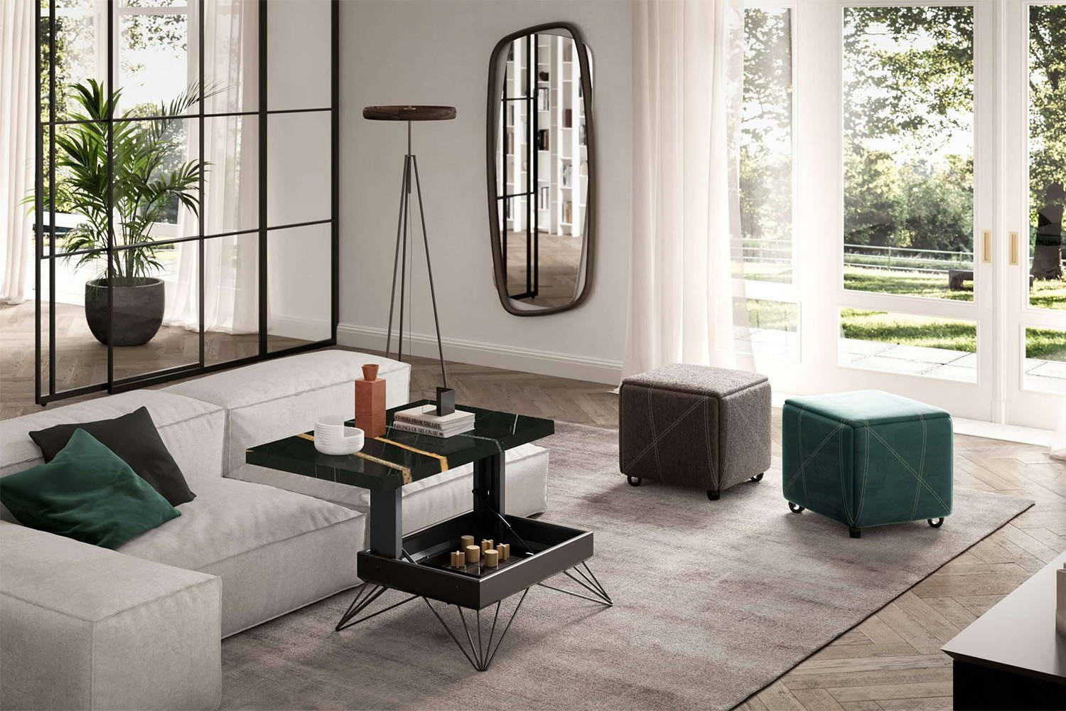 Ozzio Italia Radius lift-up coffee table with Cubix seating ottomans, Discovery floor lamp and Monza mirror