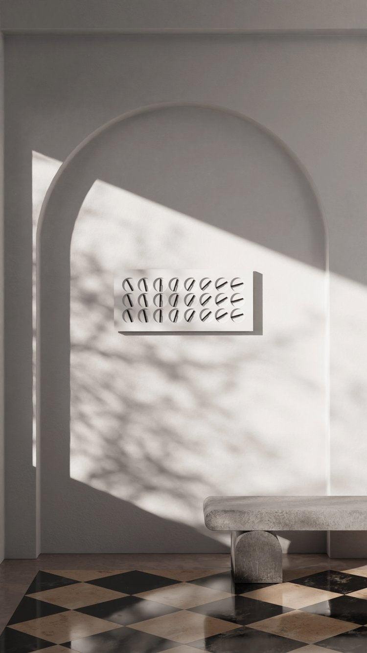 ClockClock 24 White in a sunlit arched alcove with marble floor